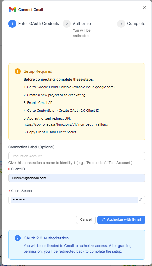 Figure 2 — Gmail MCP OAuth Configuration. Enter Client ID and Client Secret, then click Authorize with Gmail to complete the OAuth 2.0 setup.