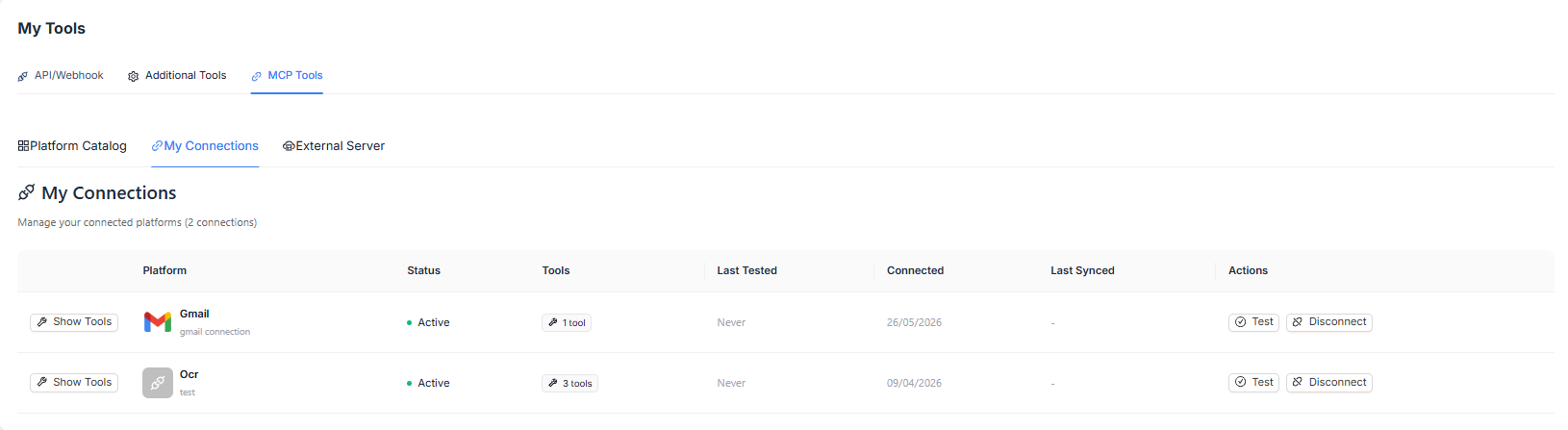 Figure 3 — My Connections Dashboard. Shows all connected platforms — Gmail (Active, 1 tool) and OCR (Active, 3 tools) with Test and Disconnect actions.