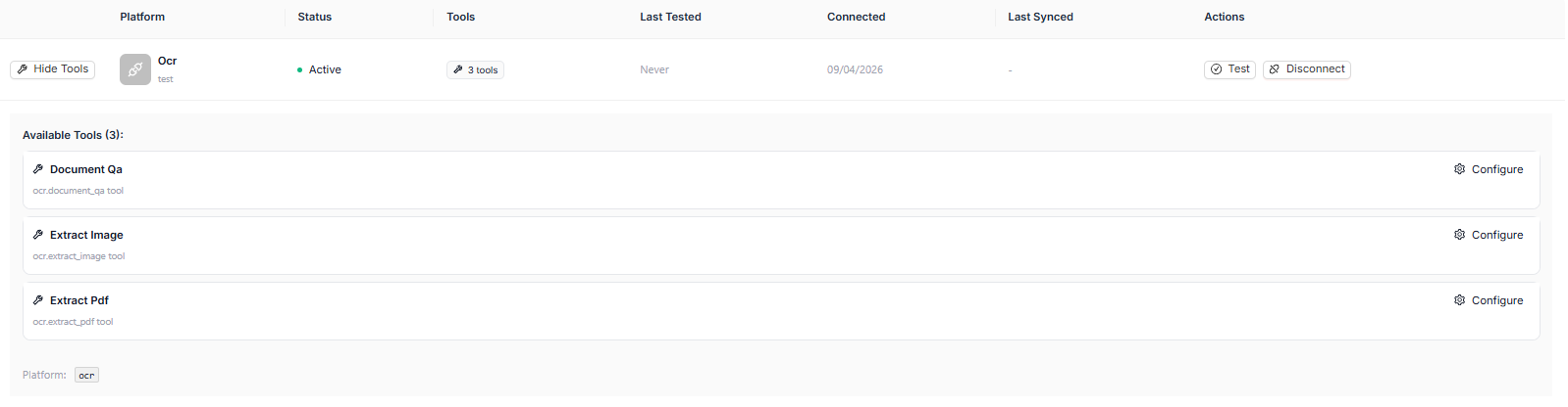 Figure 4 — Available Tools for OCR Connection. Click Show Tools to expand — Document QA, Extract Image, and Extract PDF are available to configure.