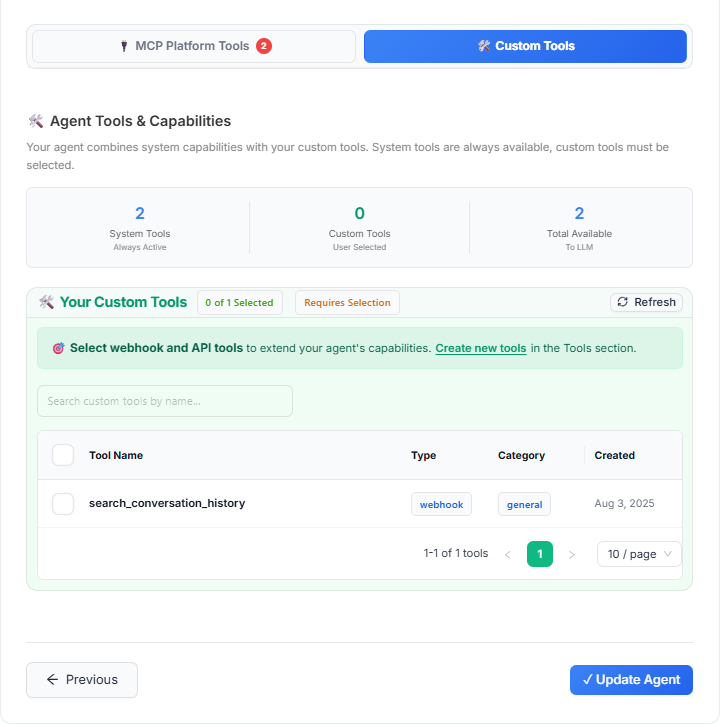 Figure 8 — Custom Tools Configuration. The Custom Tools tab shows Agent Tools & Capabilities — System Tools (always active) and user-selected Custom Tools (webhook / API).