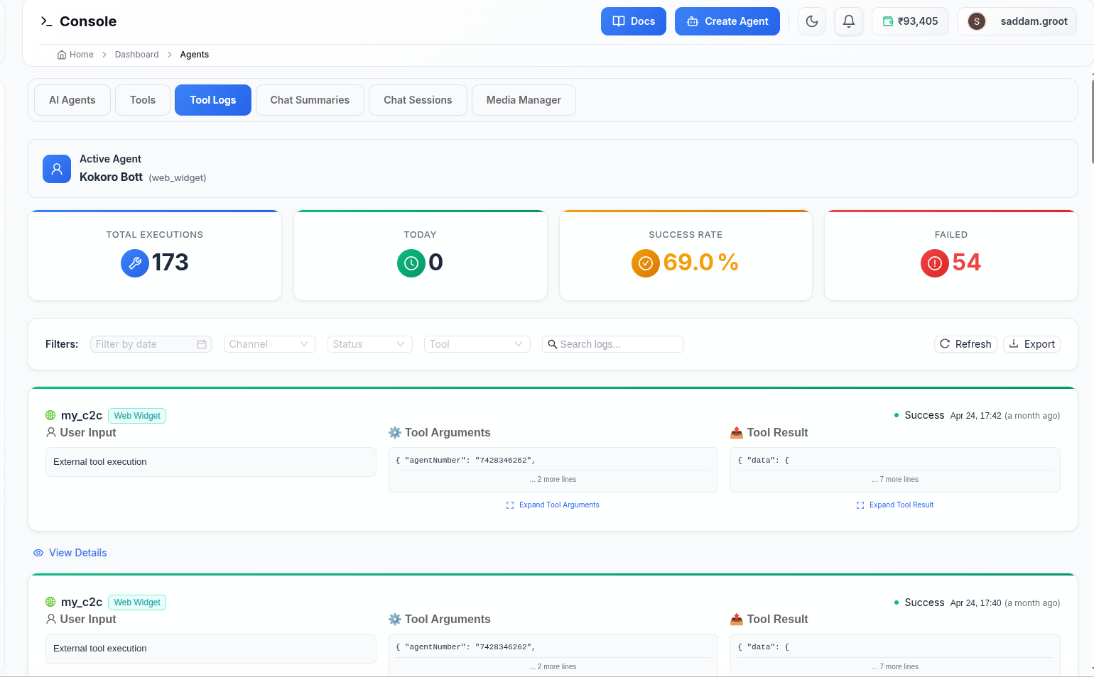 Figure 9 — Tool Logs Dashboard. Shows Total Executions, Today, Success Rate, and Failed counts with per-entry detail: User Input, Tool Arguments, and Tool Result.