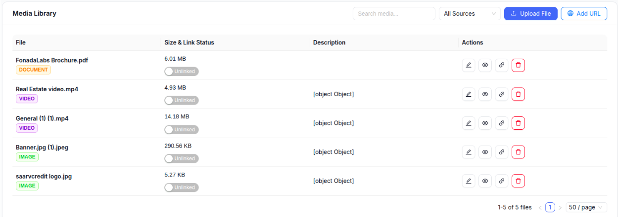 Figure 3 — Media Library Overview. Lists all files with type badge (DOCUMENT, VIDEO, IMAGE), size, Link Status toggle, description, and action icons.