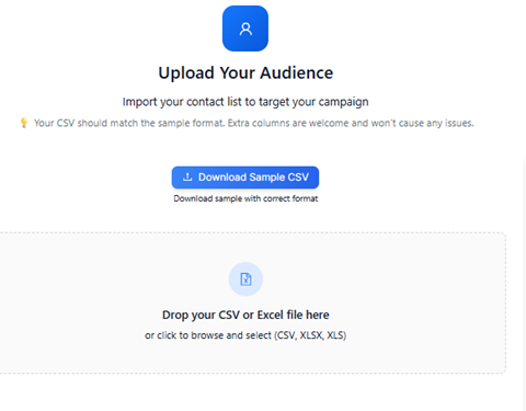 Figure 4.3 — Step 3: Download Sample CSV and drag-and-drop audience upload.