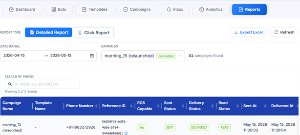 Figure 6.1 — Reports tab with filters, Detailed Report, and per-recipient table.