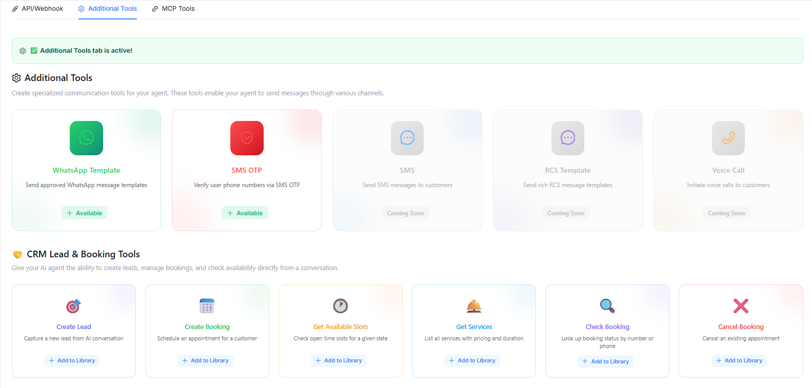 Figure 4 — Additional Tools: WhatsApp Template, SMS OTP, RCS Template, Voice Call and CRM Lead & Booking tools.