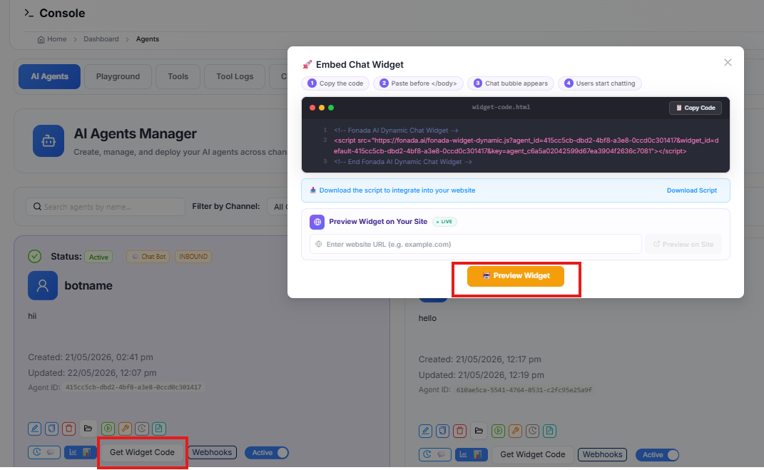 Figure — Get Widget Code → Embed Chat Widget: copy script, download, Preview Widget on your site.