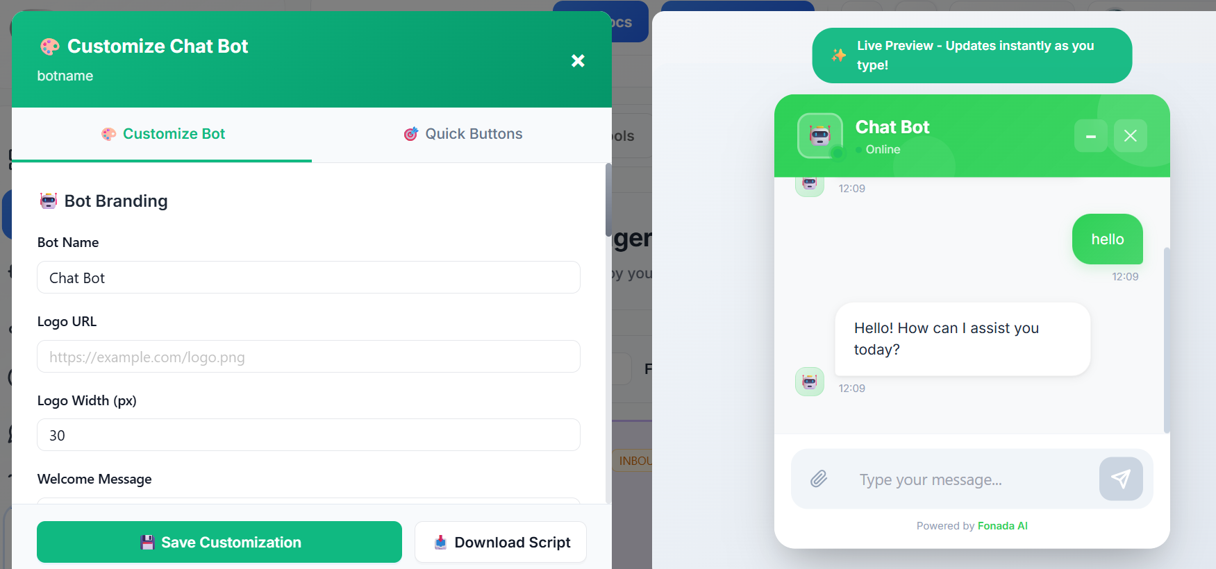 Figure — Customize Chat Bot with Live Preview, branding, widget style, and Save Customization.