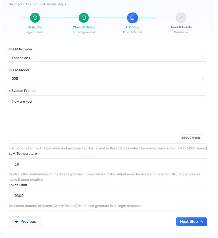 Figure — Agent Configuration Step 3 (AI Config): LLM provider, model, system prompt, temperature, token limit.