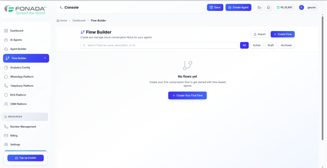 Figure 1 — Flow Builder Dashboard. Central management interface for all conversational workflows. Search flows by name, filter by status (All / Active / Draft / Archived), and click + Create Flow to begin.