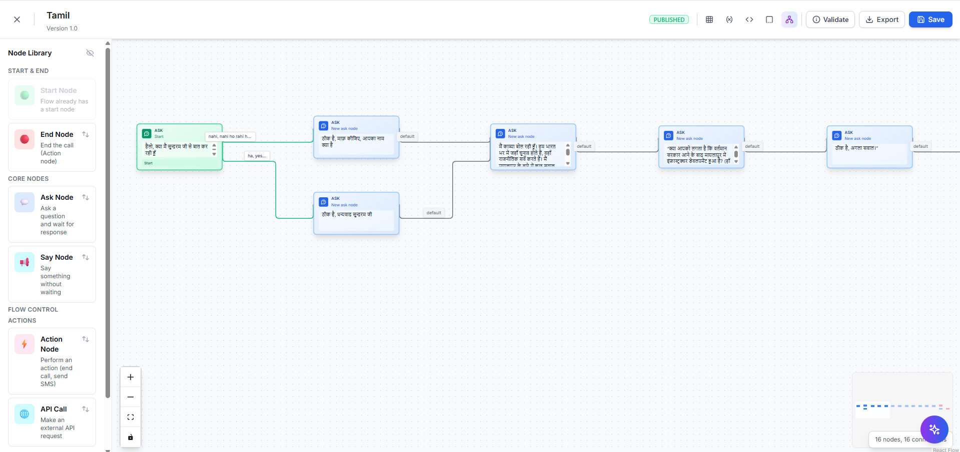 Figure 2 — Flow Canvas Interface. The visual workspace showing a connected node graph. Node Library is on the left; nodes are arranged and connected on the canvas.