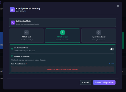 Figure — Live Agent Mode (24/7): All Calls to Team selected, Use Business Hours OFF.