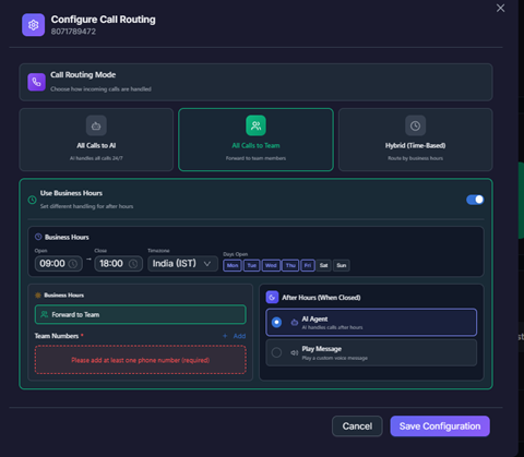 Figure — Hybrid Bot Mode: team during business hours; AI Agent handles calls after hours.