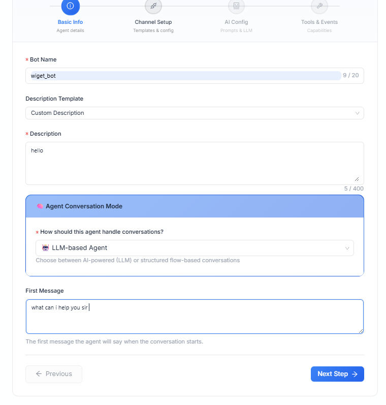 Figure 3 — Basic Info: bot name, description, conversation mode (LLM-based Agent), first message.